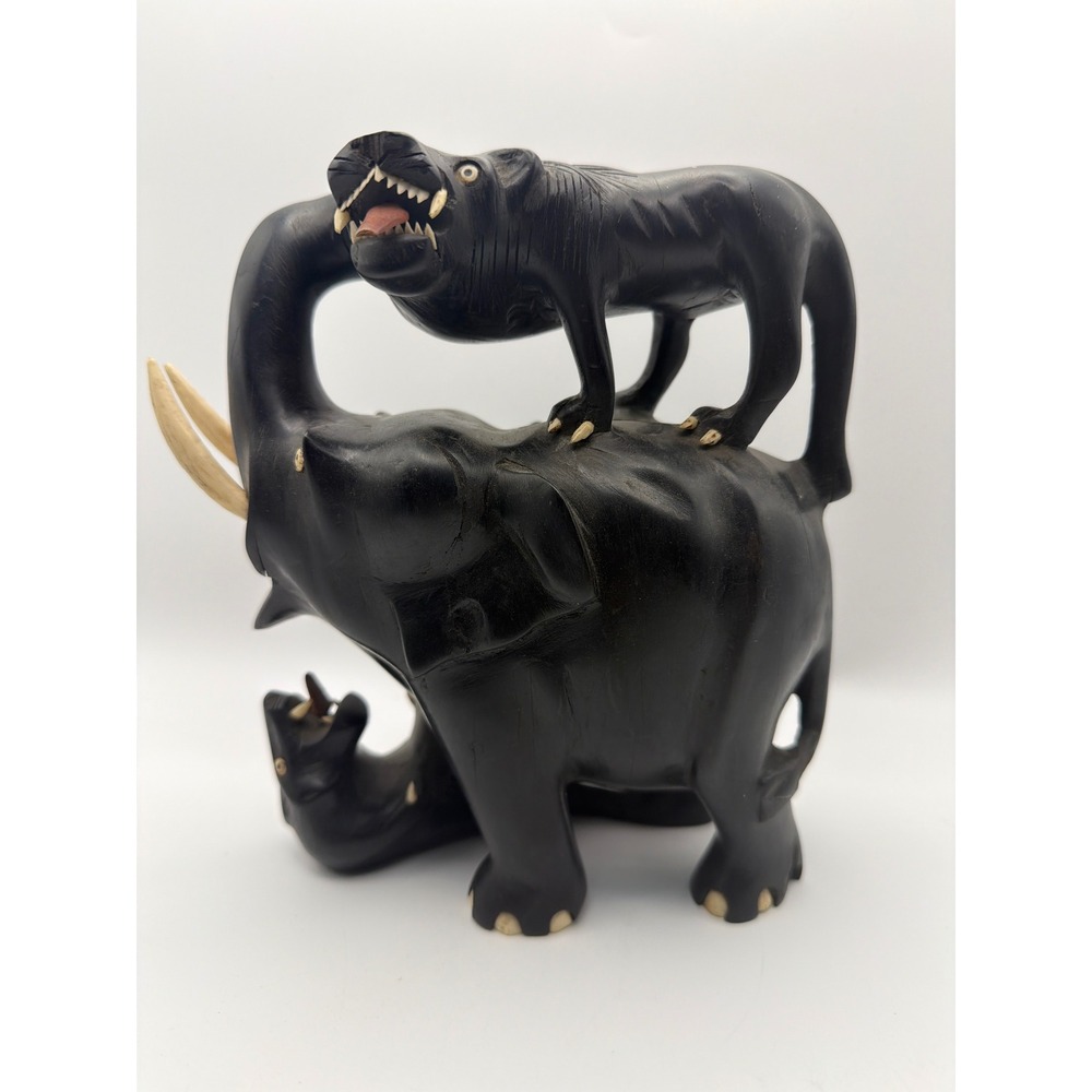 Vintage Hand Carved Ebony Wood Elephant and Lion Attack African Sculpture 8"